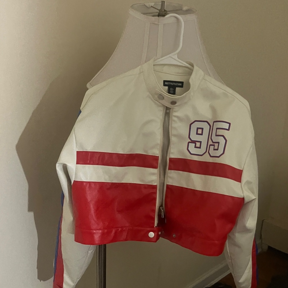PrettyLittleThing White and Red Varsity Jacket